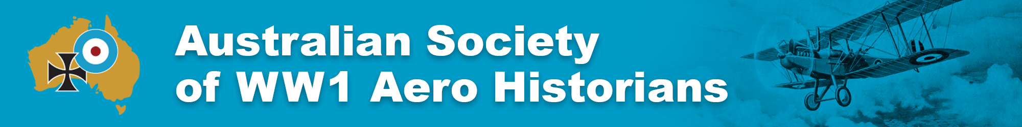 Banner with the text "Australian Society of WW1 Aero Historians," an illustrated map of Australia with cockade and iron cross, and an RE8 biplane flying through clouds.